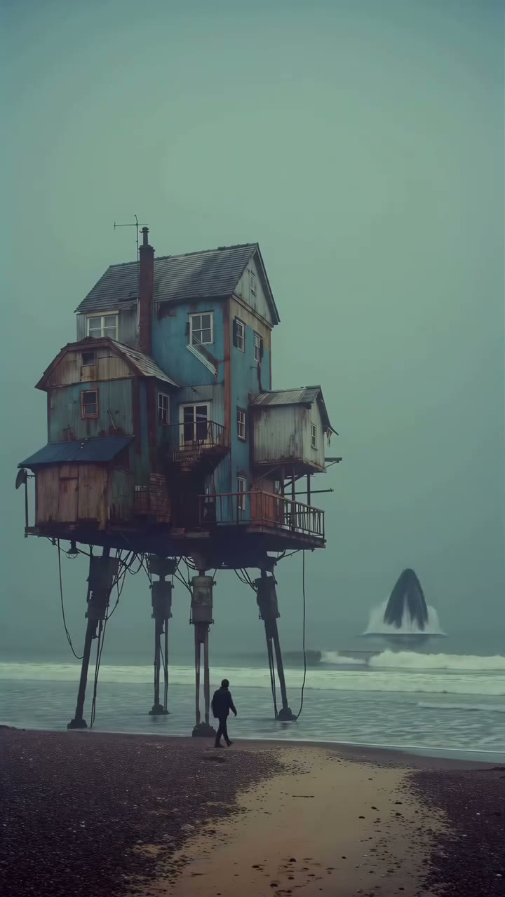 A blue stilt house on a grey beach watching a whale breach offshore